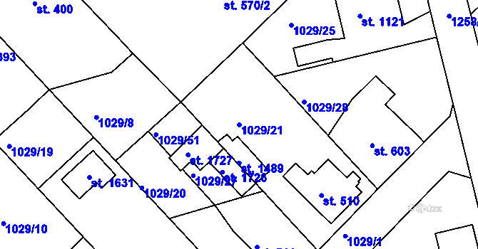 Parcela st. 1029/21 v KÚ Bakov nad Jizerou, Katastrální mapa
