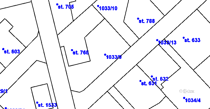 Parcela st. 1033/9 v KÚ Bakov nad Jizerou, Katastrální mapa