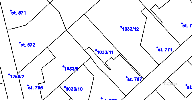 Parcela st. 1033/11 v KÚ Bakov nad Jizerou, Katastrální mapa