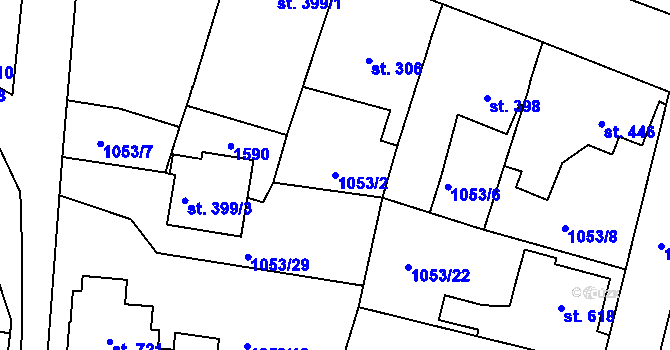 Parcela st. 1053/2 v KÚ Bakov nad Jizerou, Katastrální mapa
