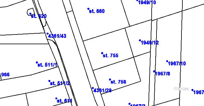 Parcela st. 755 v KÚ Bánov, Katastrální mapa