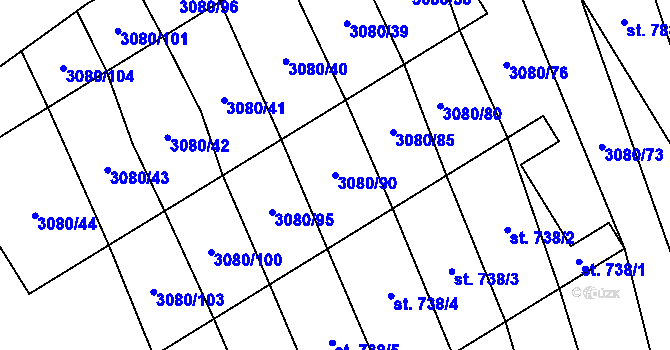 Parcela st. 3080/90 v KÚ Bánov, Katastrální mapa