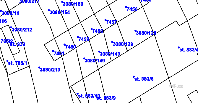Parcela st. 3080/143 v KÚ Bánov, Katastrální mapa