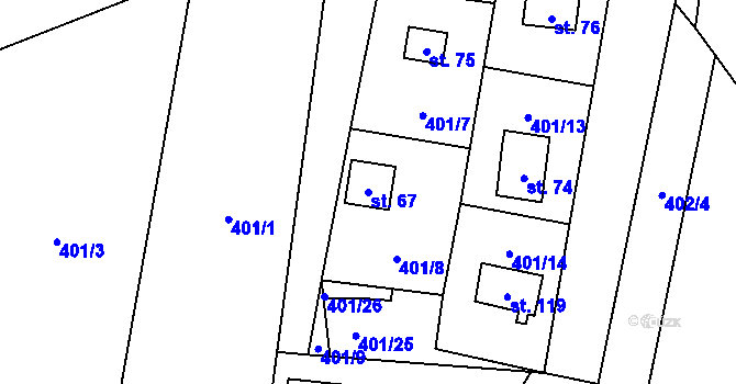 Parcela st. 67 v KÚ Hryzely, Katastrální mapa