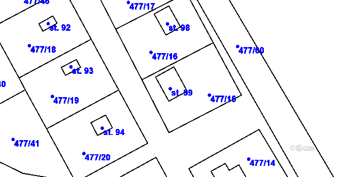 Parcela st. 99 v KÚ Hryzely, Katastrální mapa