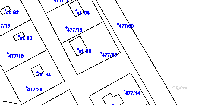 Parcela st. 477/15 v KÚ Hryzely, Katastrální mapa