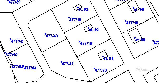 Parcela st. 477/19 v KÚ Hryzely, Katastrální mapa