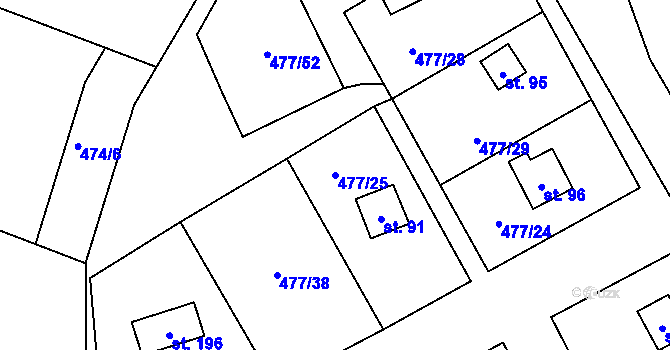 Parcela st. 477/25 v KÚ Hryzely, Katastrální mapa