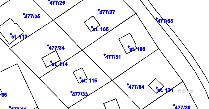 Parcela st. 477/31 v KÚ Hryzely, Katastrální mapa