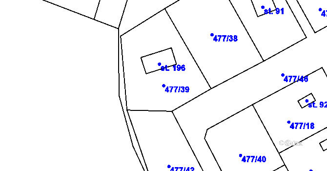 Parcela st. 477/39 v KÚ Hryzely, Katastrální mapa
