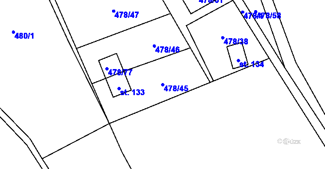 Parcela st. 478/45 v KÚ Hryzely, Katastrální mapa