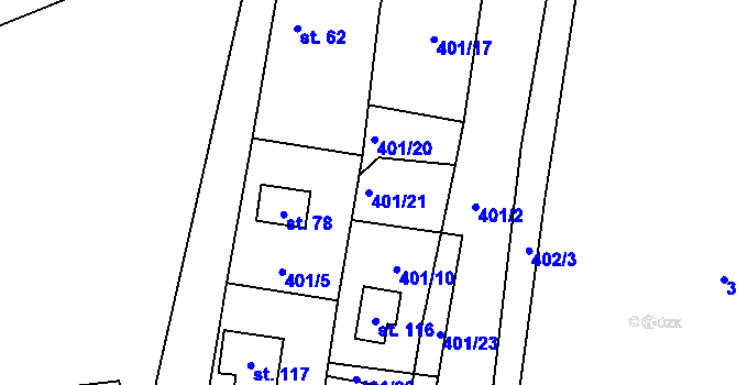 Parcela st. 401/21 v KÚ Hryzely, Katastrální mapa