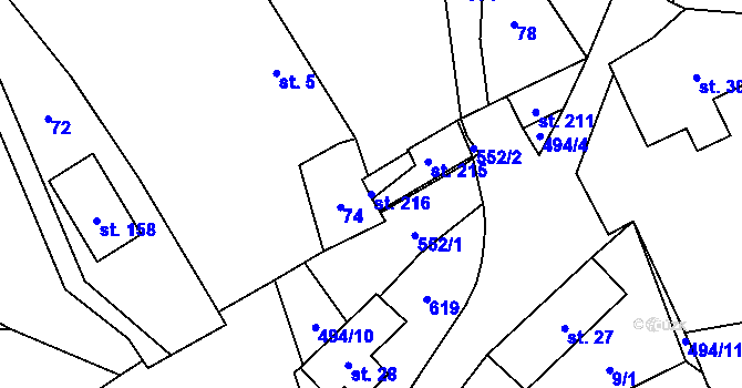 Parcela st. 216 v KÚ Hryzely, Katastrální mapa