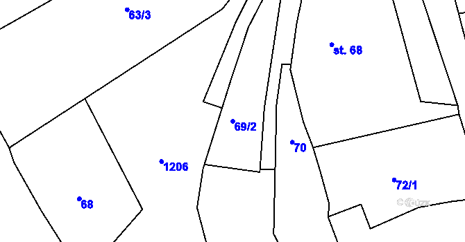 Parcela st. 69/2 v KÚ Radlice u Barchovic, Katastrální mapa
