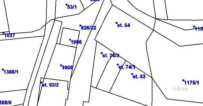 Parcela st. 74/2 v KÚ Velké Těšany, Katastrální mapa