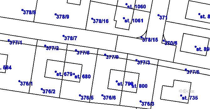 Parcela st. 377/9 v KÚ Bašť, Katastrální mapa