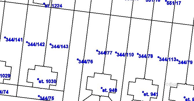 Parcela st. 344/77 v KÚ Bašť, Katastrální mapa