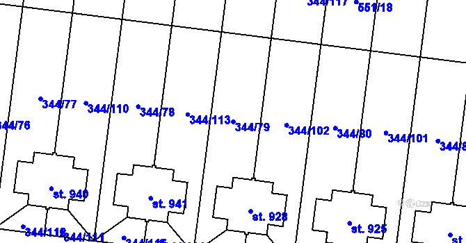 Parcela st. 344/79 v KÚ Bašť, Katastrální mapa