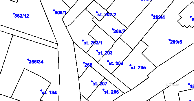 Parcela st. 203 v KÚ Bašť, Katastrální mapa