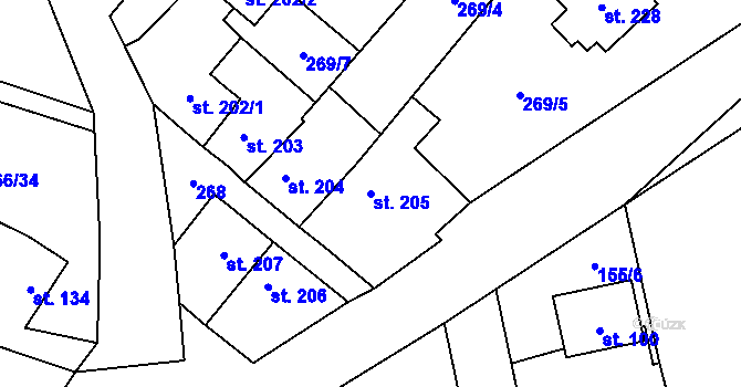 Parcela st. 205 v KÚ Bašť, Katastrální mapa