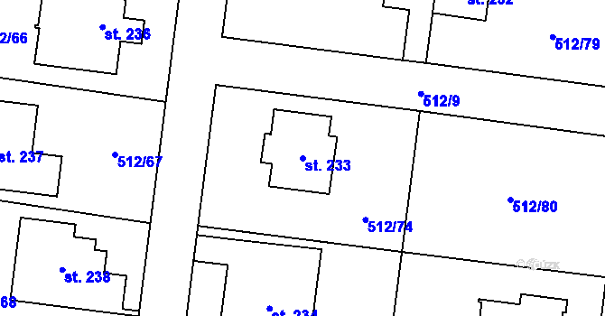 Parcela st. 233 v KÚ Bašť, Katastrální mapa