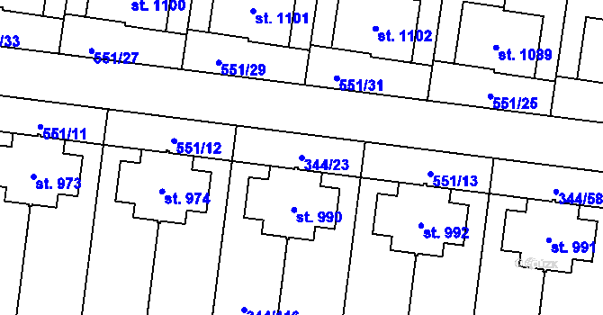 Parcela st. 344/23 v KÚ Bašť, Katastrální mapa