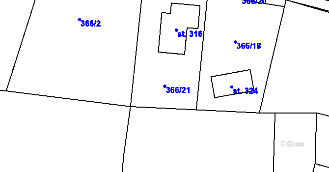 Parcela st. 366/21 v KÚ Bašť, Katastrální mapa