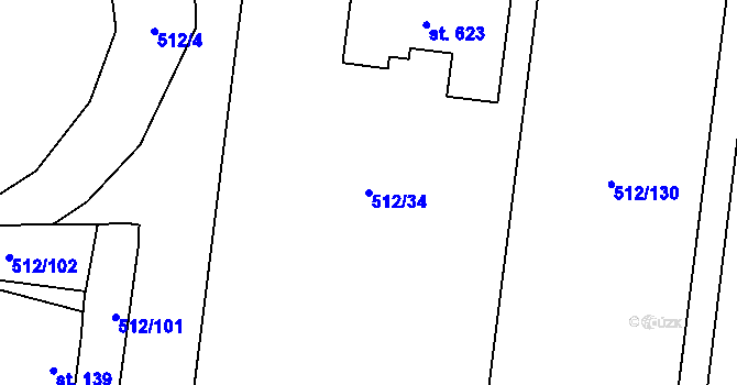 Parcela st. 512/34 v KÚ Bašť, Katastrální mapa