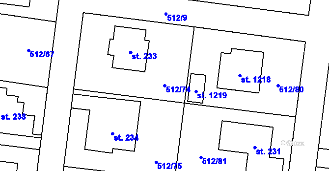 Parcela st. 512/74 v KÚ Bašť, Katastrální mapa