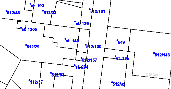Parcela st. 512/100 v KÚ Bašť, Katastrální mapa
