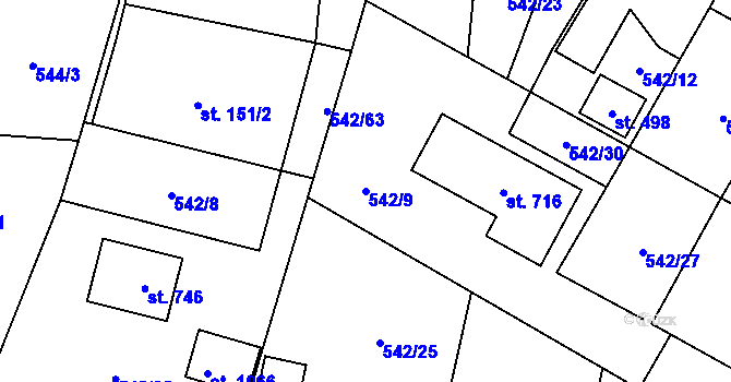 Parcela st. 542/9 v KÚ Bašť, Katastrální mapa