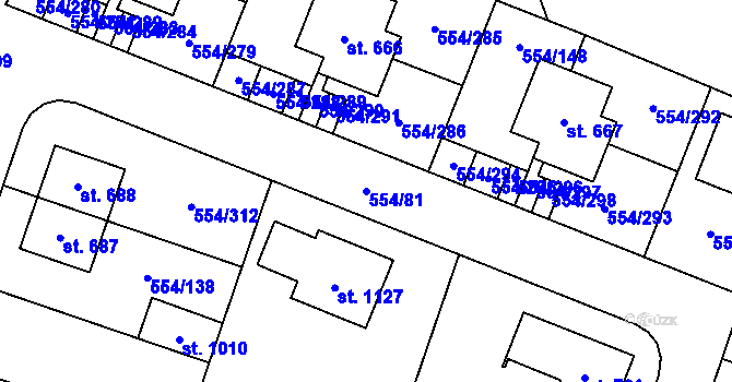 Parcela st. 554/81 v KÚ Bašť, Katastrální mapa