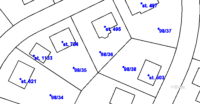 Parcela st. 98/36 v KÚ Bašť, Katastrální mapa