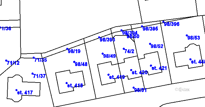 Parcela st. 98/49 v KÚ Bašť, Katastrální mapa