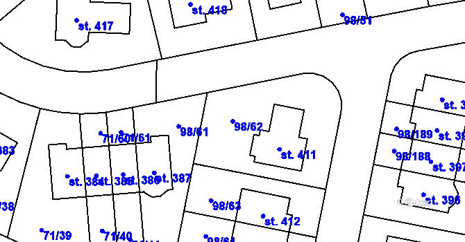 Parcela st. 98/62 v KÚ Bašť, Katastrální mapa