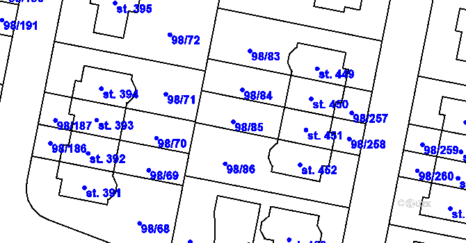 Parcela st. 98/85 v KÚ Bašť, Katastrální mapa