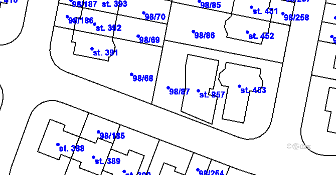 Parcela st. 98/87 v KÚ Bašť, Katastrální mapa