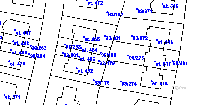 Parcela st. 98/180 v KÚ Bašť, Katastrální mapa