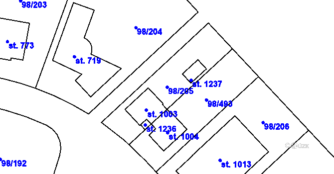 Parcela st. 98/205 v KÚ Bašť, Katastrální mapa