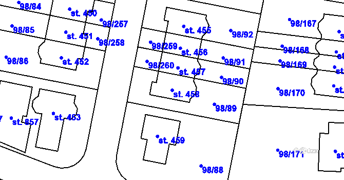 Parcela st. 458 v KÚ Bašť, Katastrální mapa