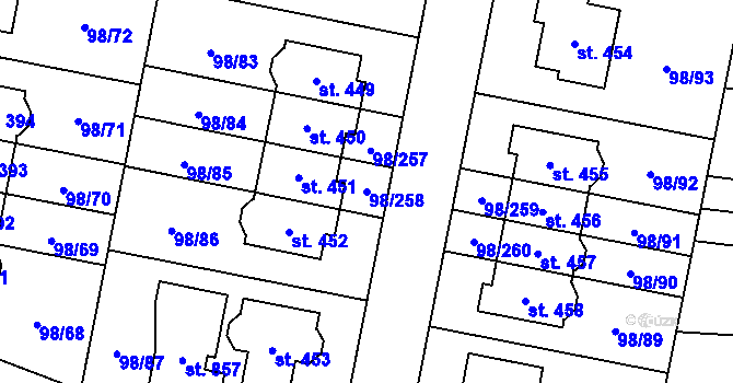 Parcela st. 98/258 v KÚ Bašť, Katastrální mapa