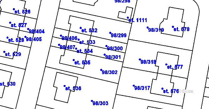 Parcela st. 98/301 v KÚ Bašť, Katastrální mapa