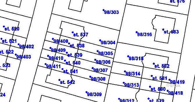 Parcela st. 98/305 v KÚ Bašť, Katastrální mapa