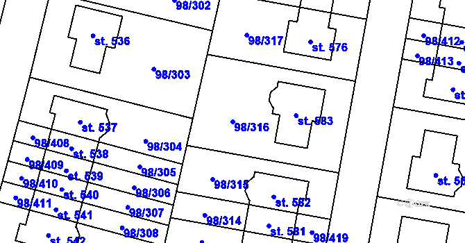 Parcela st. 98/316 v KÚ Bašť, Katastrální mapa