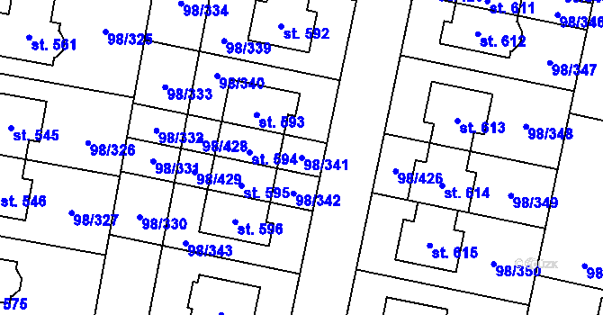 Parcela st. 98/341 v KÚ Bašť, Katastrální mapa