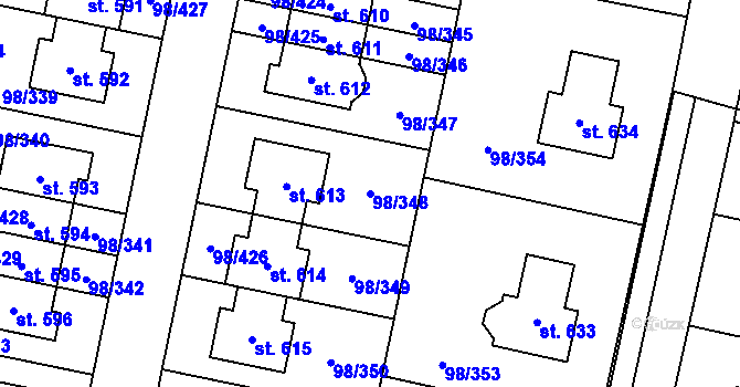 Parcela st. 98/348 v KÚ Bašť, Katastrální mapa