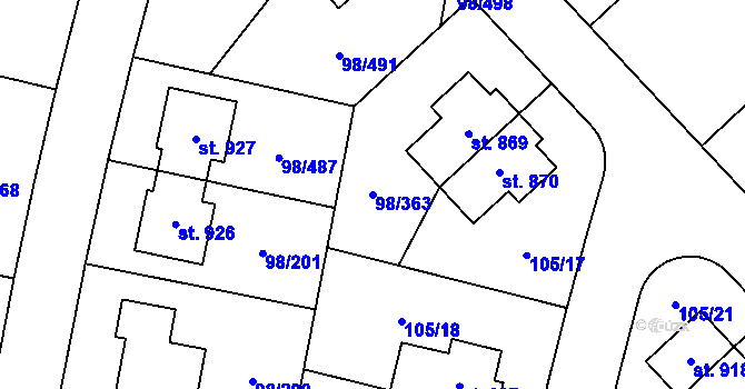 Parcela st. 98/363 v KÚ Bašť, Katastrální mapa