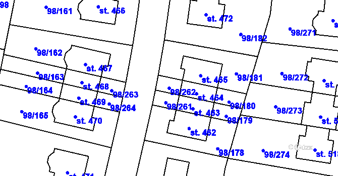 Parcela st. 98/262 v KÚ Bašť, Katastrální mapa