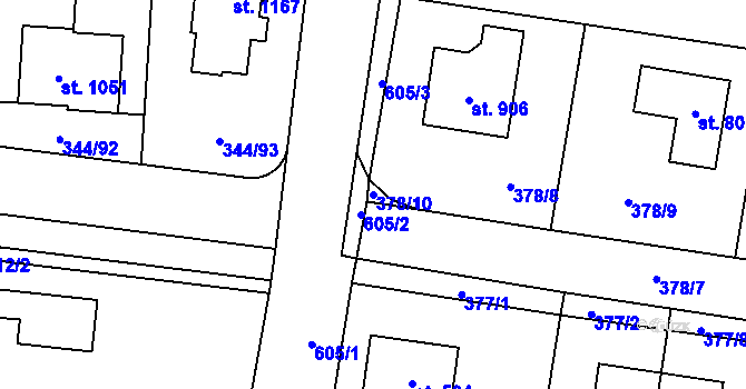 Parcela st. 378/10 v KÚ Bašť, Katastrální mapa