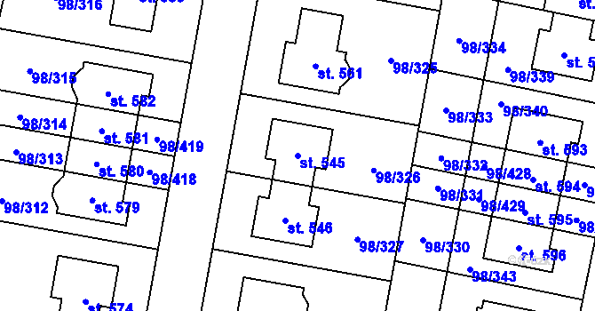 Parcela st. 545 v KÚ Bašť, Katastrální mapa